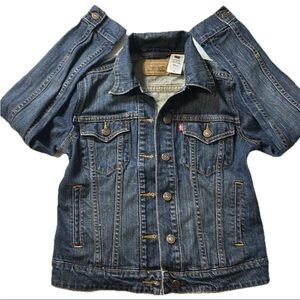 Levi’s‎ Original Trucker Jacket Denim dark blue yellow stitching bronzed buttons